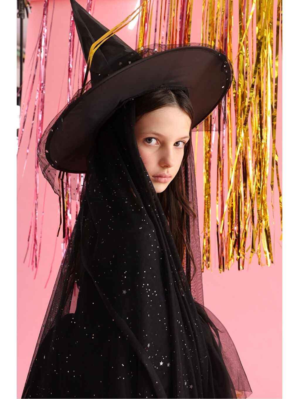 Siyah Yıldızlı Tül Detaylı Çocuk Cadı Şapkası-2