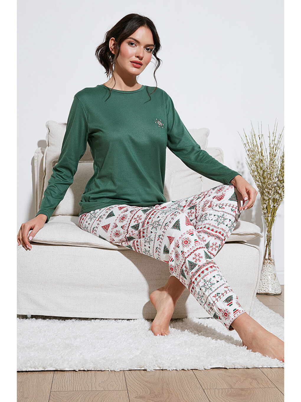 Lela Yeşil Streç Regular Fit Beli Lastikli Bisiklet Yaka Kadın Pijama Takımı 65714101