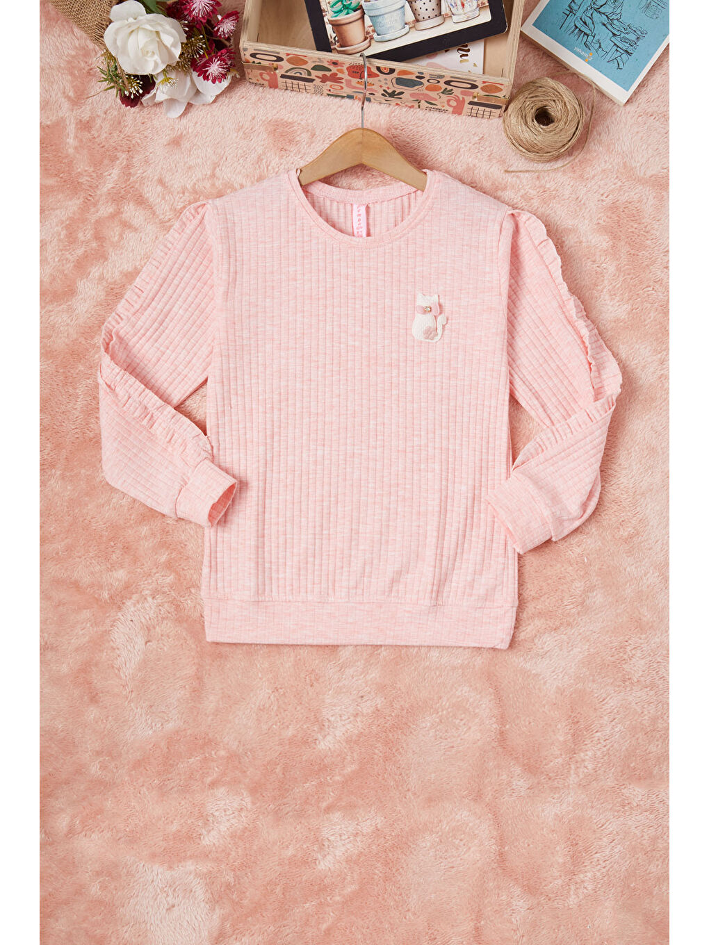 Pembe Life Kids Club Pembe Fırfırlı Kedi Nakışlı Kız Çocuk Sweatshirt 16580