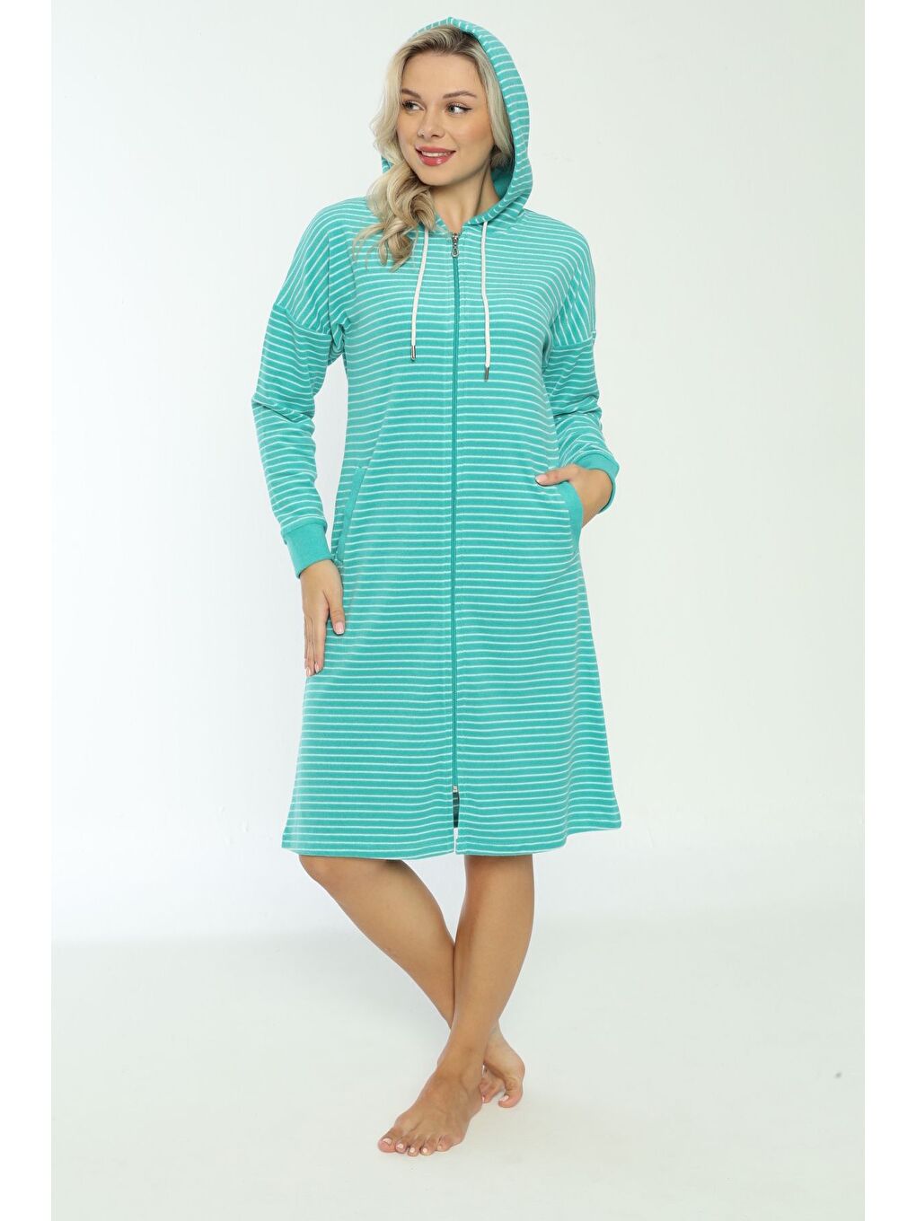 Turkuaz Kapüşonlu çizgi desenli fermuarlı elbise-1