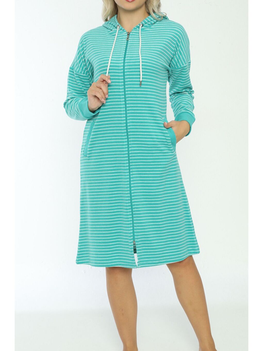 Turkuaz Kapüşonlu çizgi desenli fermuarlı elbise-2