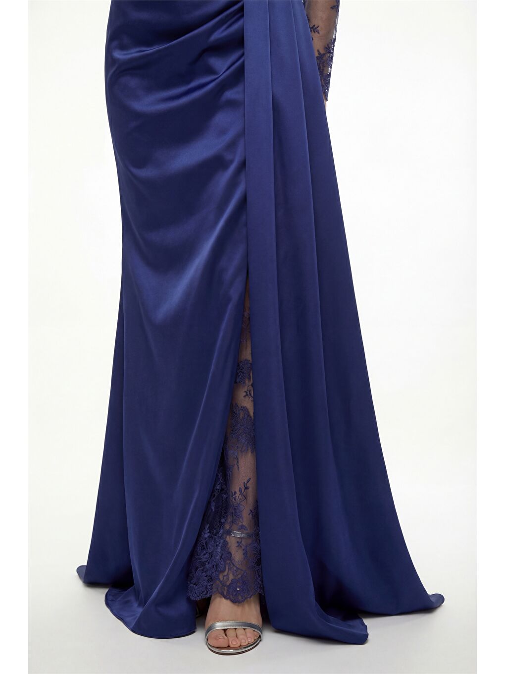 Kadın Lacivert Kayık Yaka Dantel Detay Kuyruklu Uzun Abiye Elbise-3