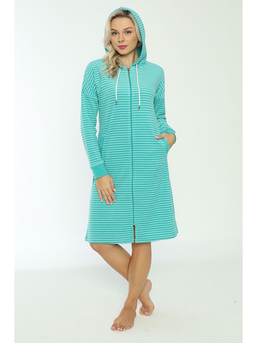 Turkuaz Kapüşonlu çizgi desenli fermuarlı elbise-3