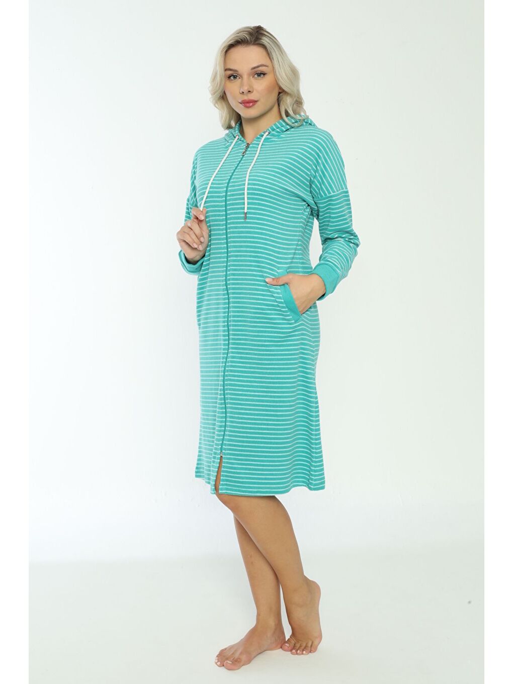 Turkuaz Kapüşonlu çizgi desenli fermuarlı elbise-4