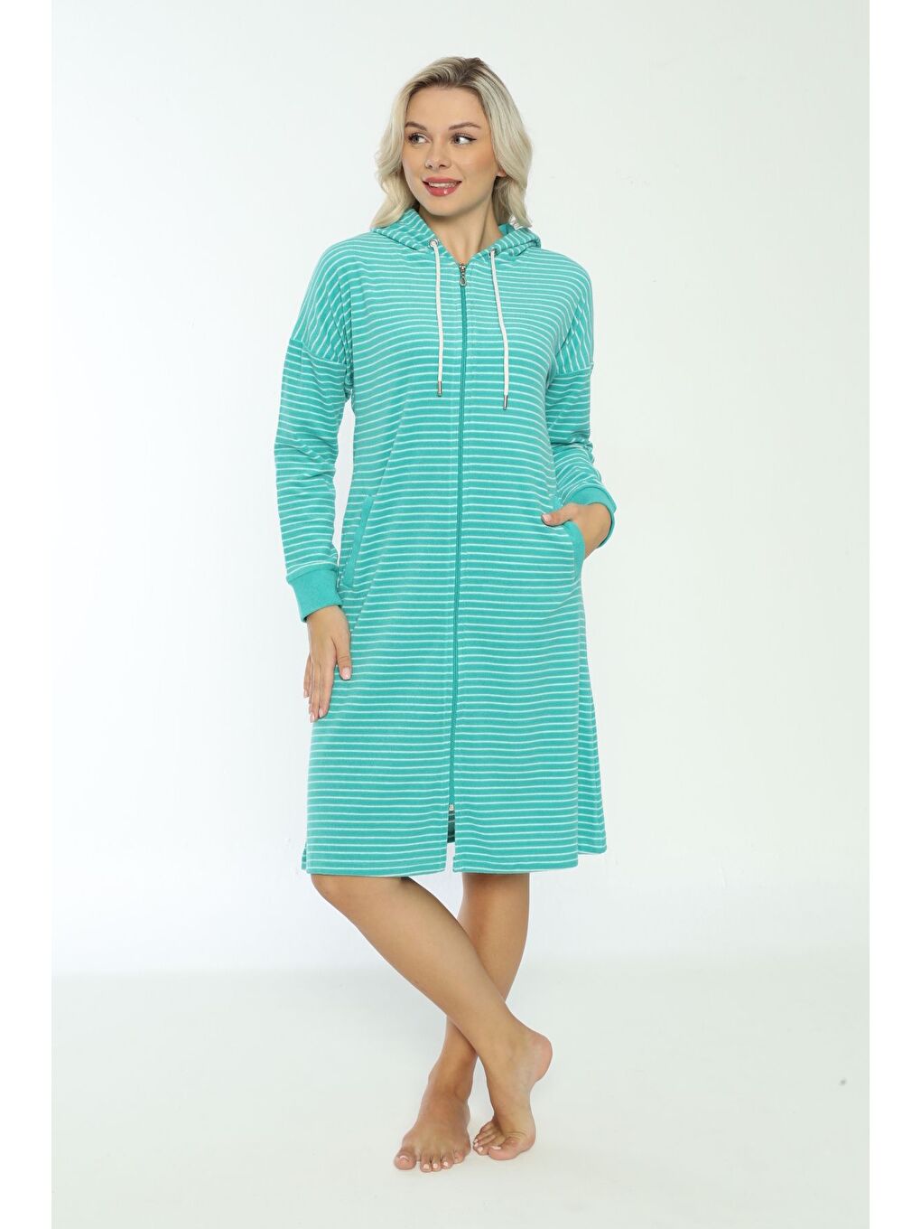 Turkuaz Kapüşonlu çizgi desenli fermuarlı elbise-6