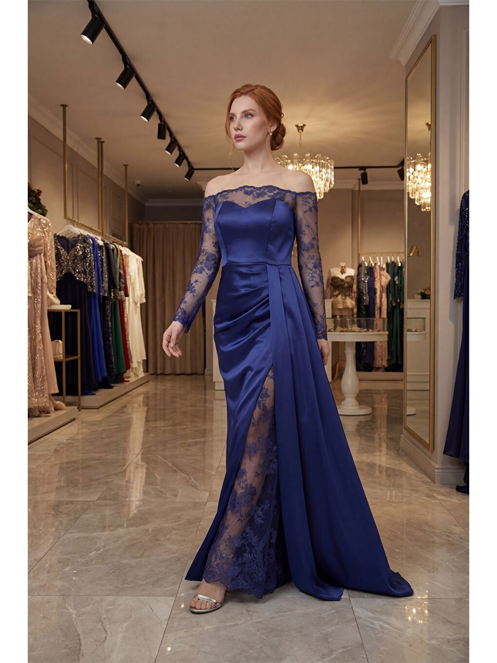 Kadın Lacivert Kayık Yaka Dantel Detay Kuyruklu Uzun Abiye Elbise-4