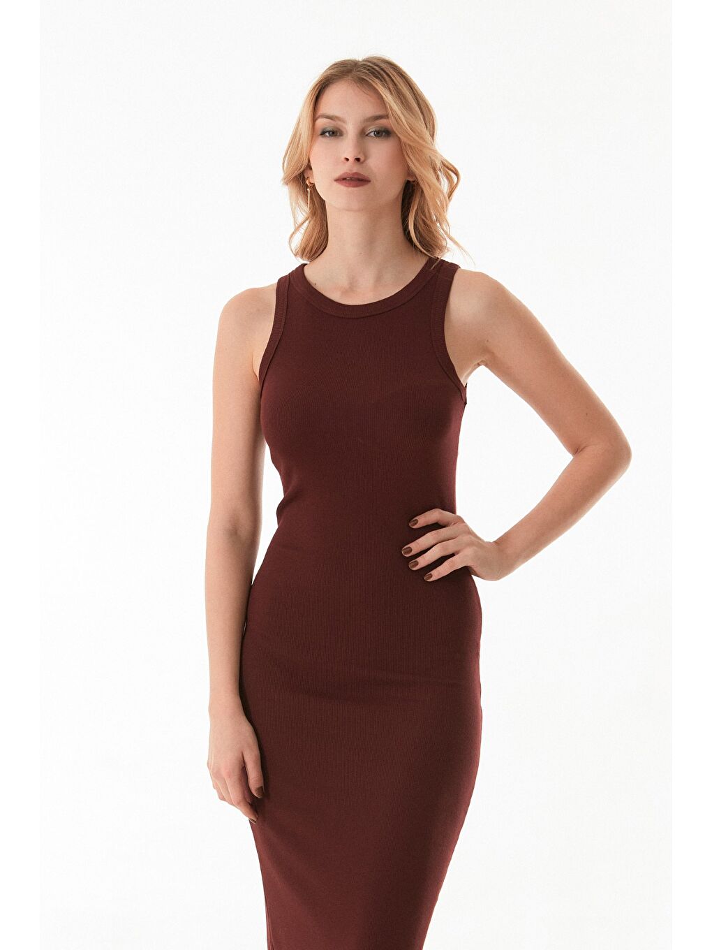 Bordo Basic Fitilli Halter Yaka Yırtmaçlı Elbise-1