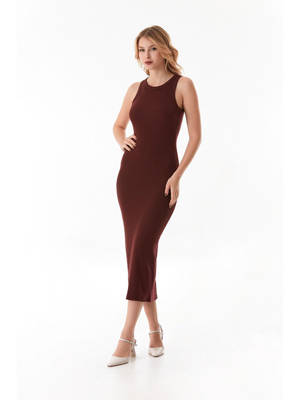 Bordo Basic Fitilli Halter Yaka Yırtmaçlı Elbise-2