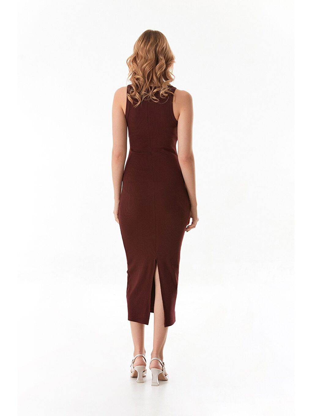 Bordo Basic Fitilli Halter Yaka Yırtmaçlı Elbise-3