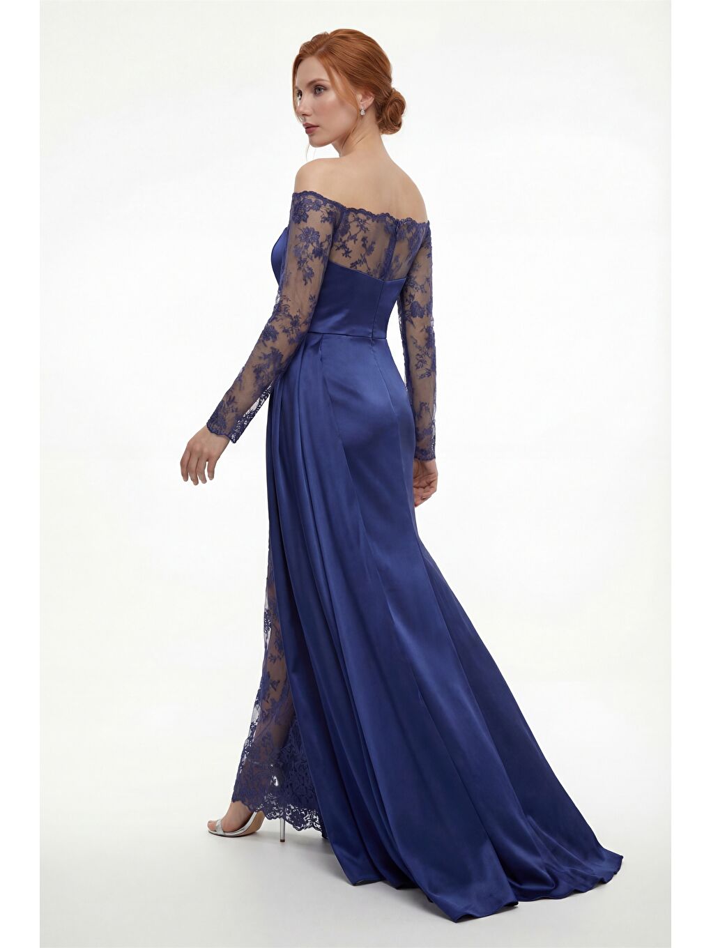 Kadın Lacivert Kayık Yaka Dantel Detay Kuyruklu Uzun Abiye Elbise-5