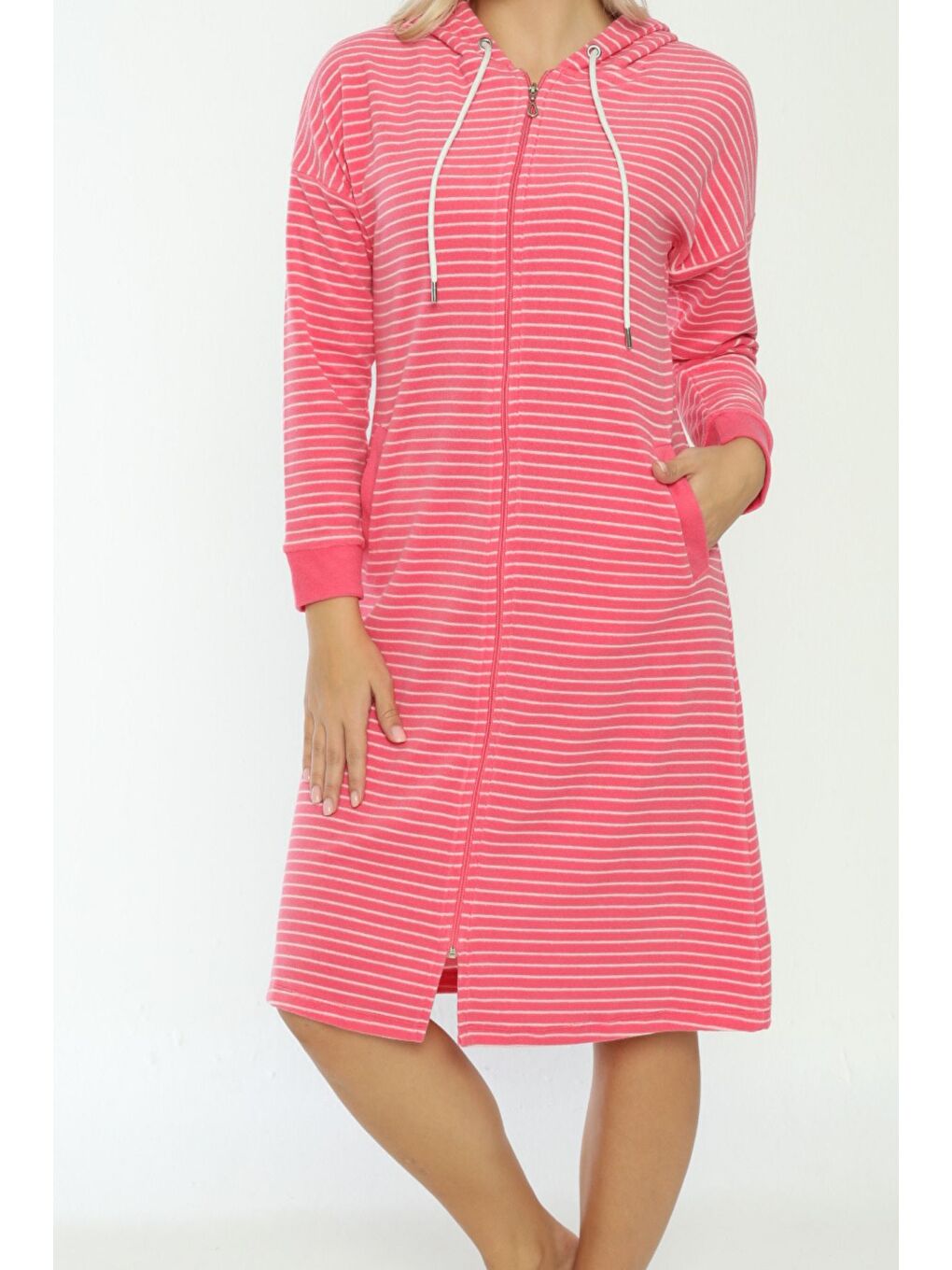 Pembe Kapüşonlu çizgi desenli fermuarlı elbise-2