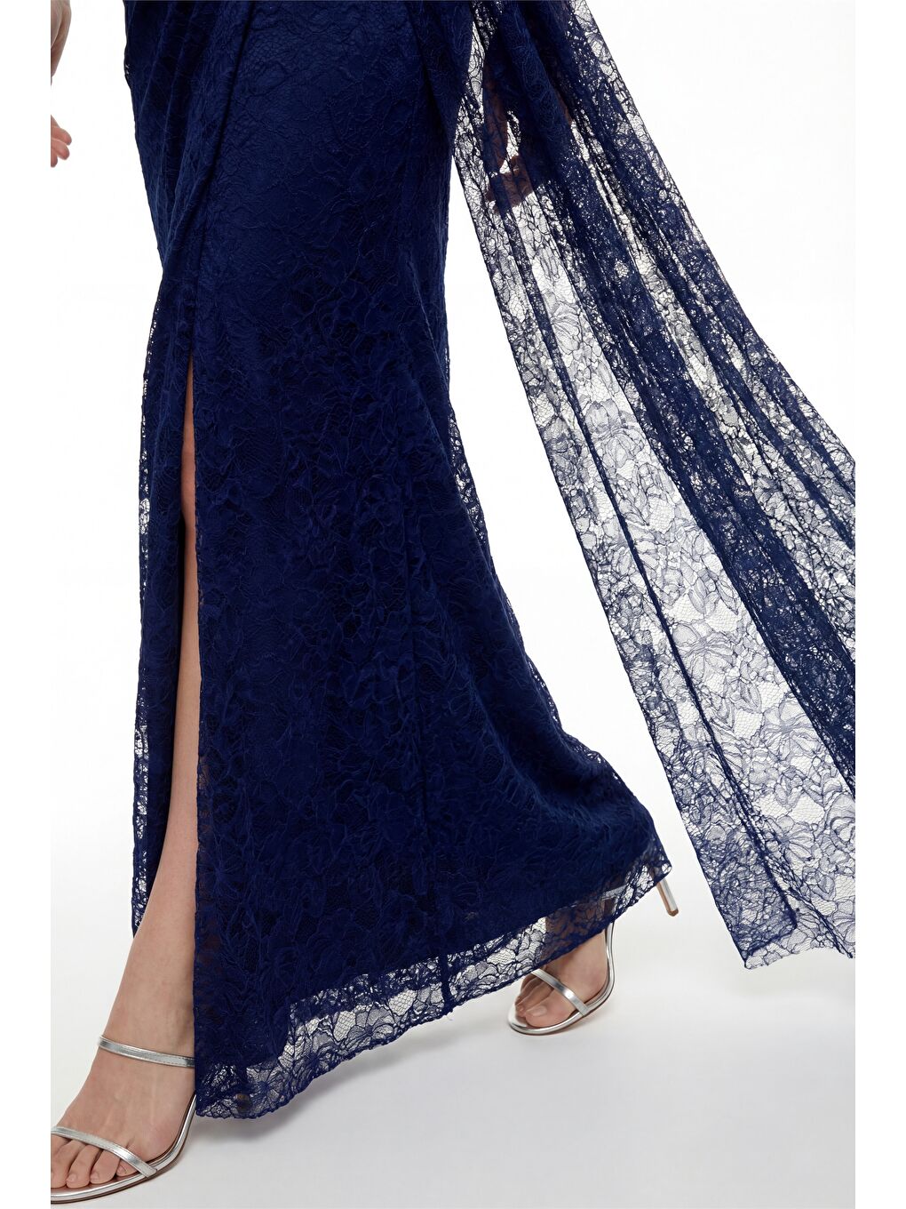 Kadın Lacivert Dar Kalıp Kayık Yaka Dantelli Uzun Abiye Elbise-3