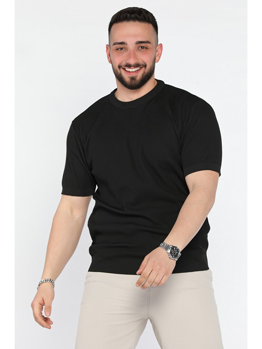 Siyah Erkek Bisiklet Yaka Fitilli Tişört