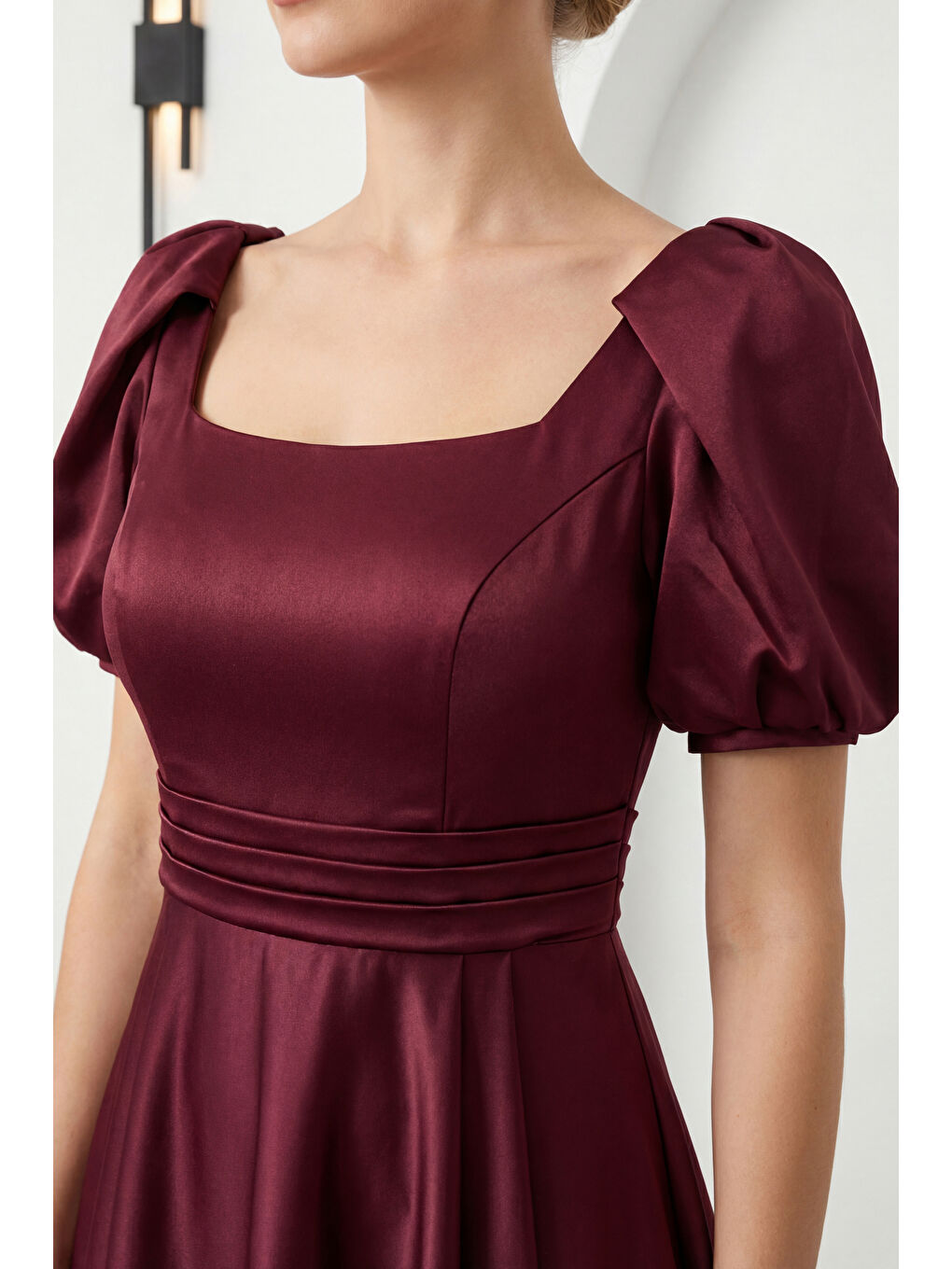 Kadın Bordo Kare Yaka Balon Kol Yırtmaçlı Söz Nişan Nikah Abiye Elbise-3