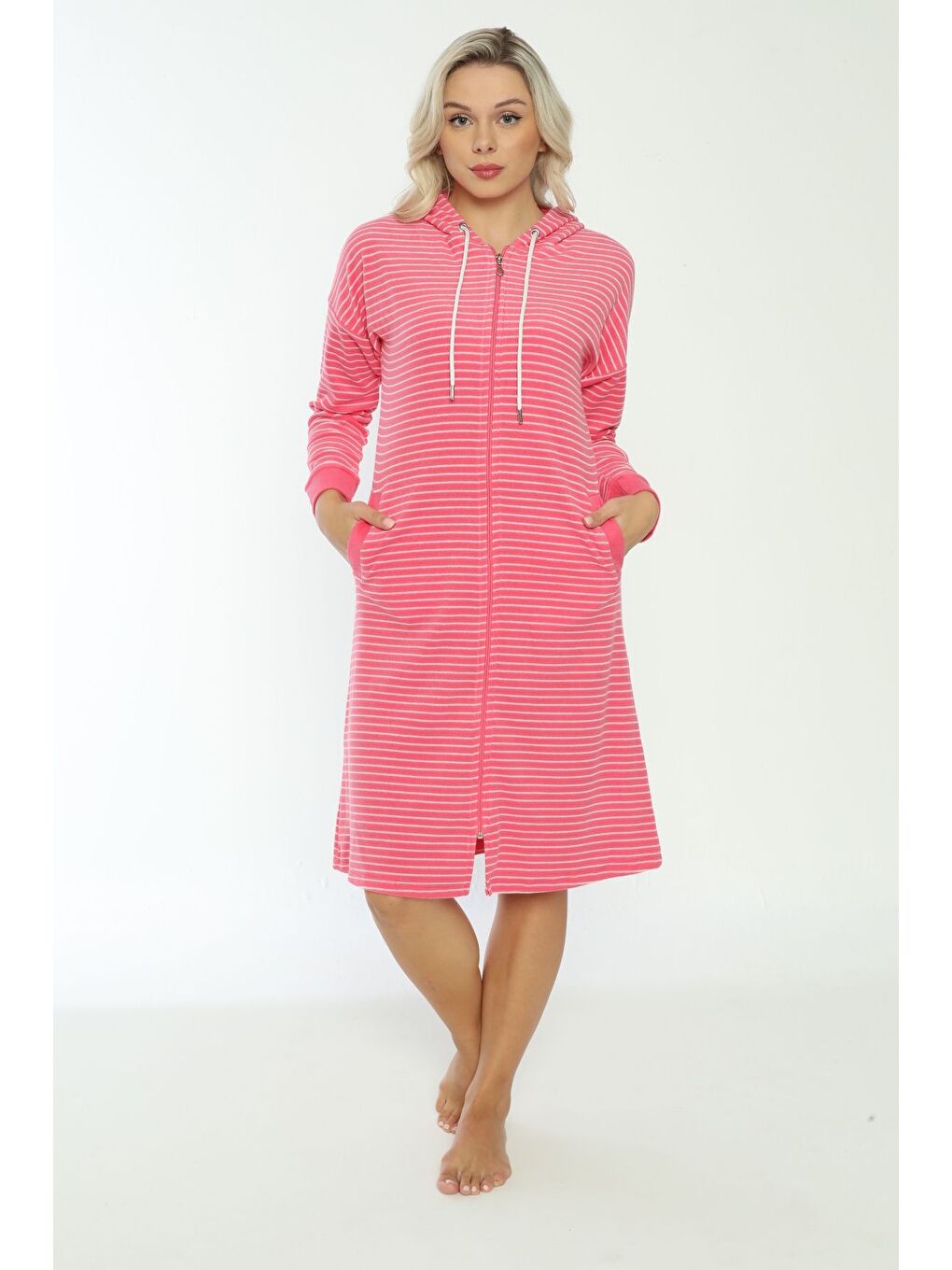 Pembe Kapüşonlu çizgi desenli fermuarlı elbise-6
