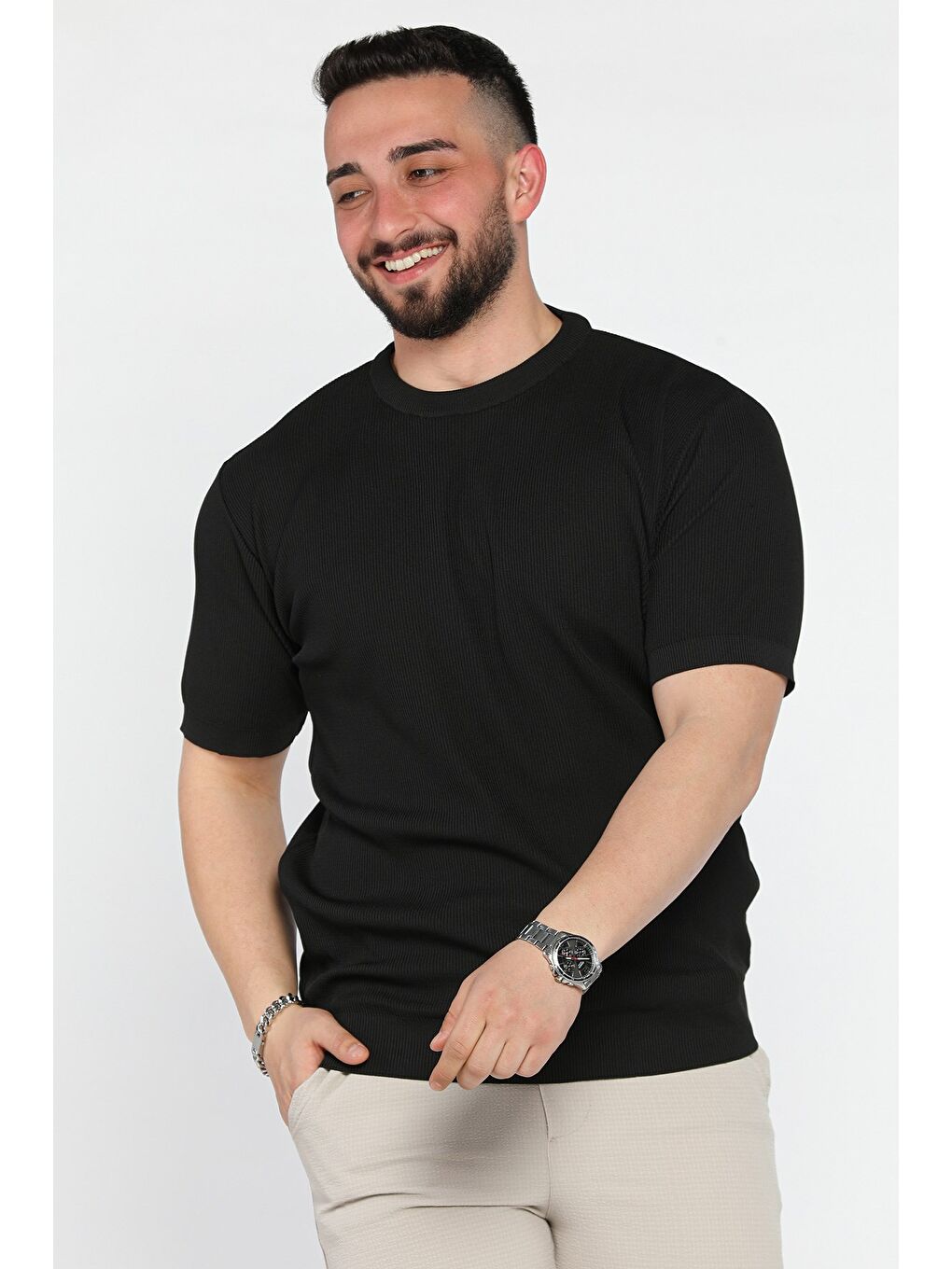 Siyah Erkek Bisiklet Yaka Fitilli Tişört-1