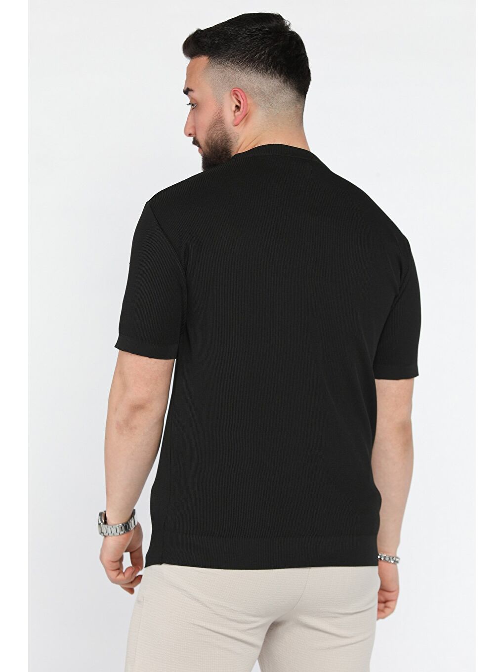 Siyah Erkek Bisiklet Yaka Fitilli Tişört-2