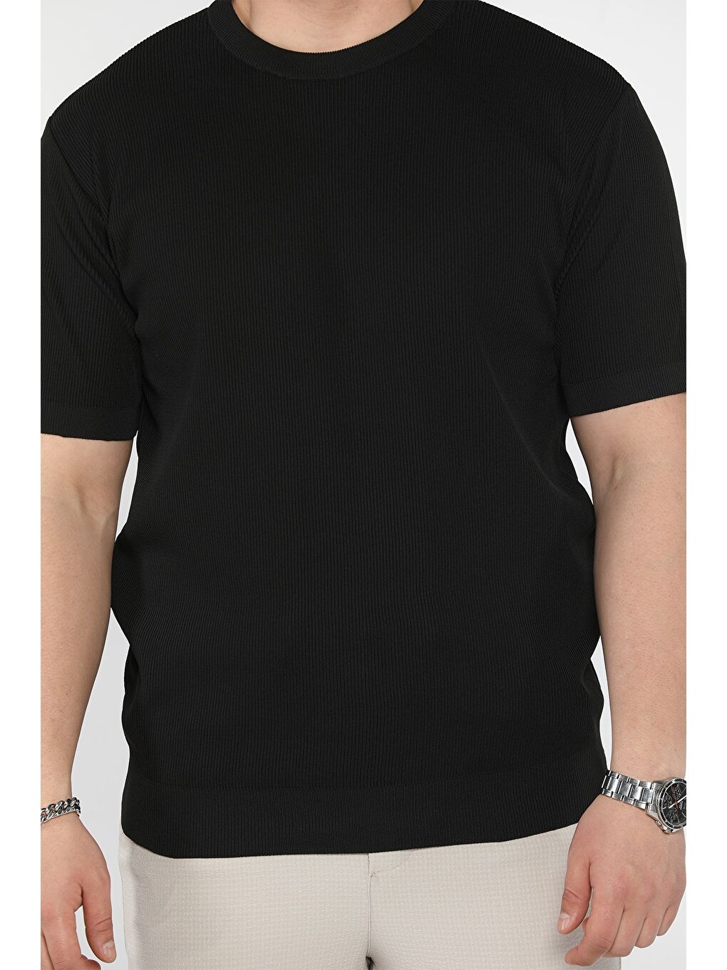 Siyah Erkek Bisiklet Yaka Fitilli Tişört-3