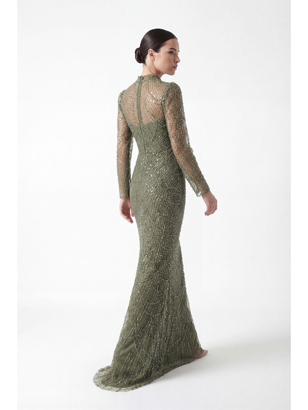 Kadın Haki Uzun Kol Dik Yaka Taşlı Özel Tasarım Abiye-5