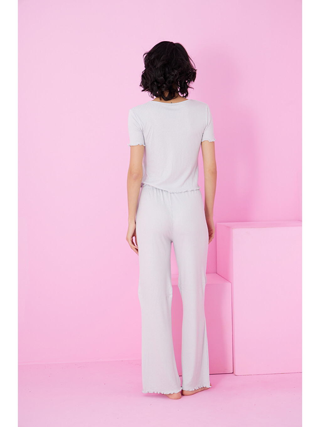 Gri Soft Touch İnce Mevsimlik Örme Pijama Takım7869-2