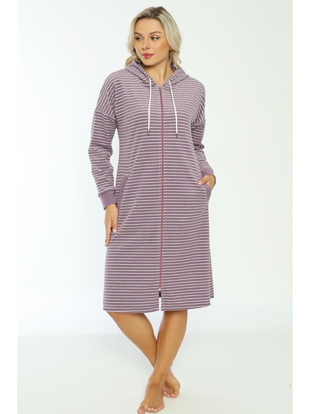 Mor Kapüşonlu çizgi desenli fermuarlı elbise-1