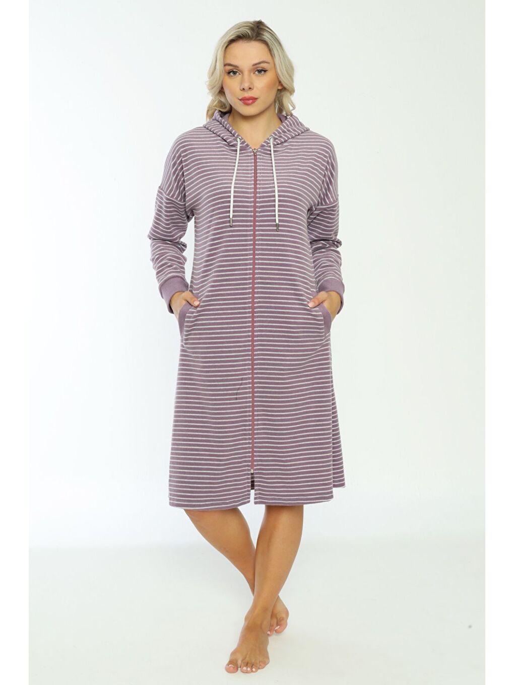 Mor Kapüşonlu çizgi desenli fermuarlı elbise-2