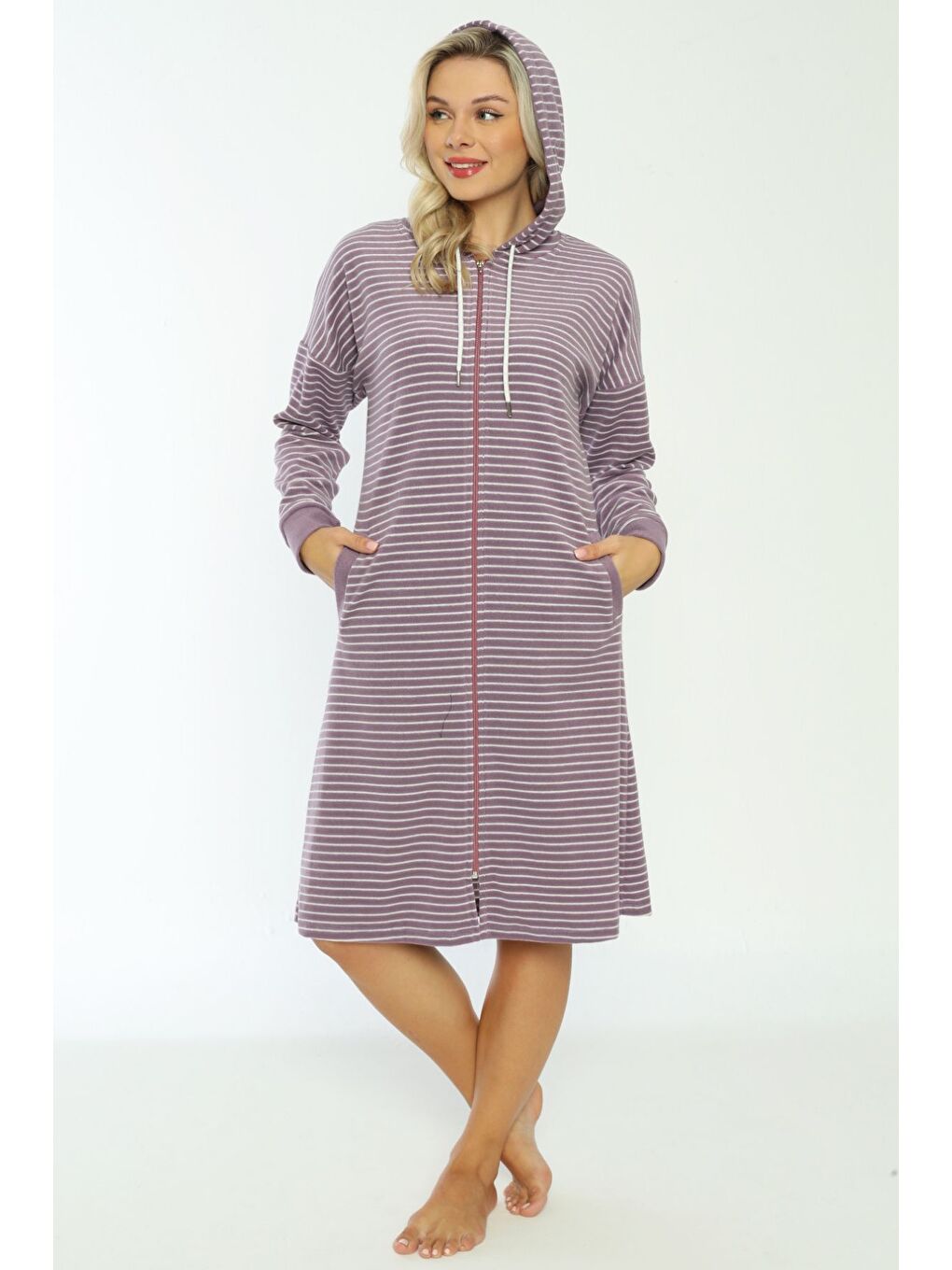Mor Kapüşonlu çizgi desenli fermuarlı elbise-3