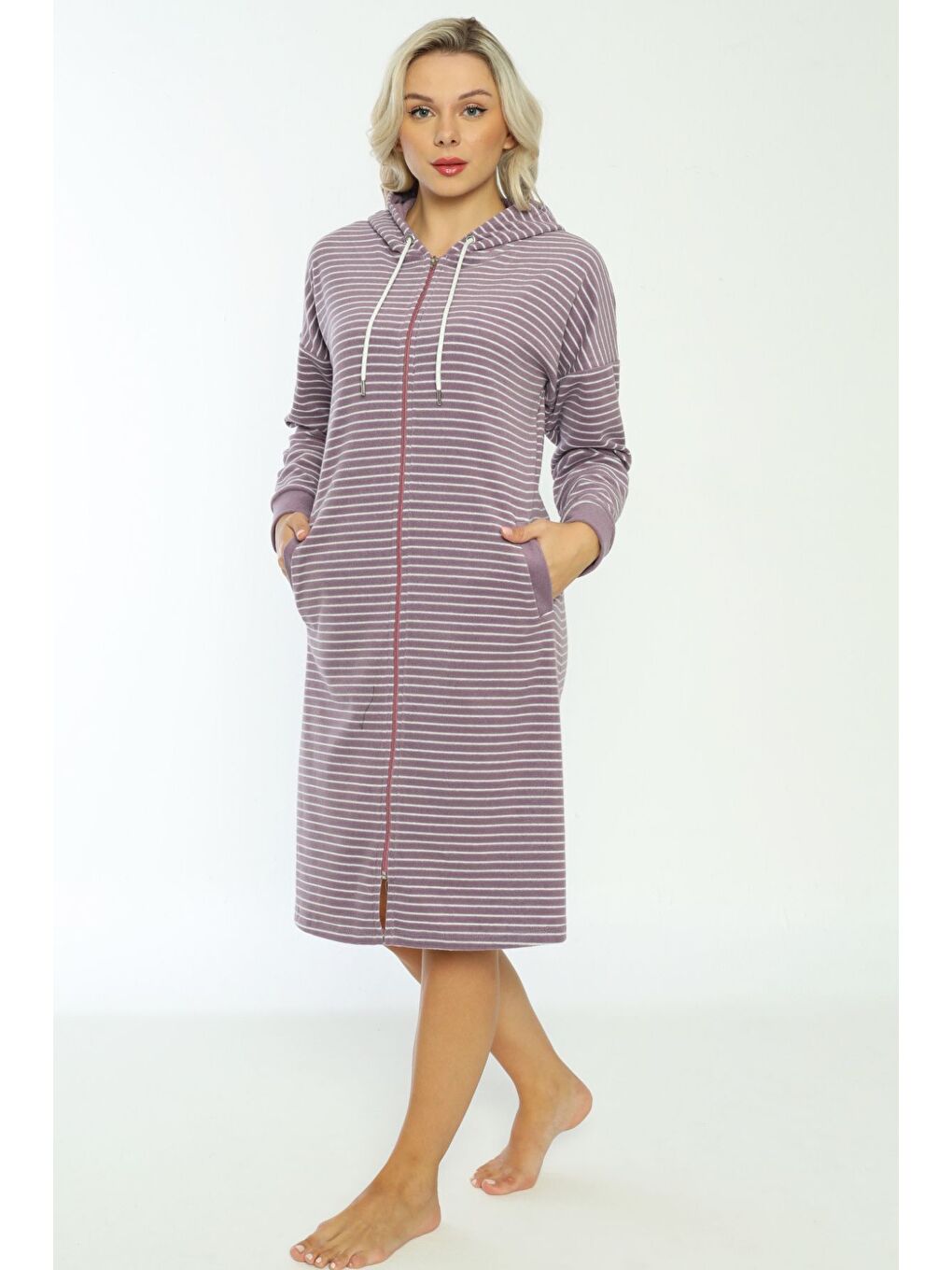 Mor Kapüşonlu çizgi desenli fermuarlı elbise-4