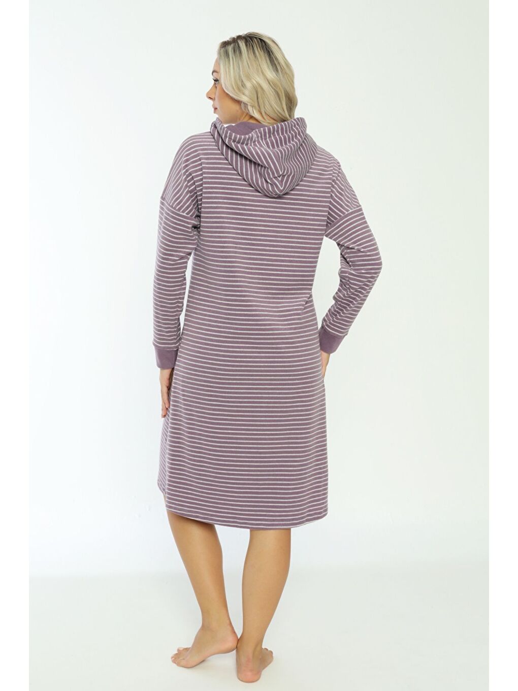 Mor Kapüşonlu çizgi desenli fermuarlı elbise-5
