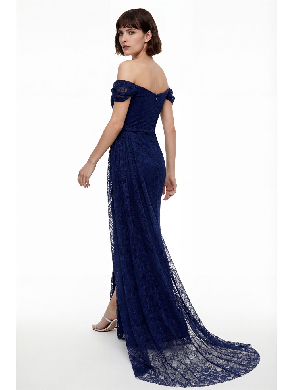 Kadın Lacivert Dar Kalıp Kayık Yaka Dantelli Uzun Abiye Elbise-5
