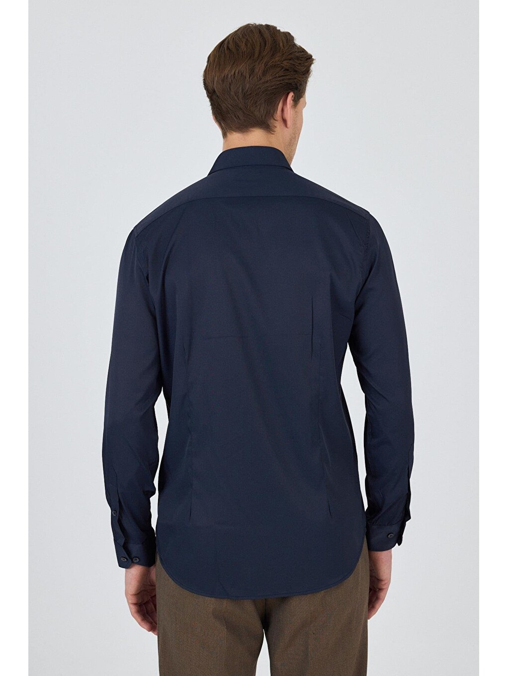 Koyu Lacivert Sert Yaka Cepsiz Gabardin Uzun Kol Slim Fit Esnek Gömlek 1004250234-4