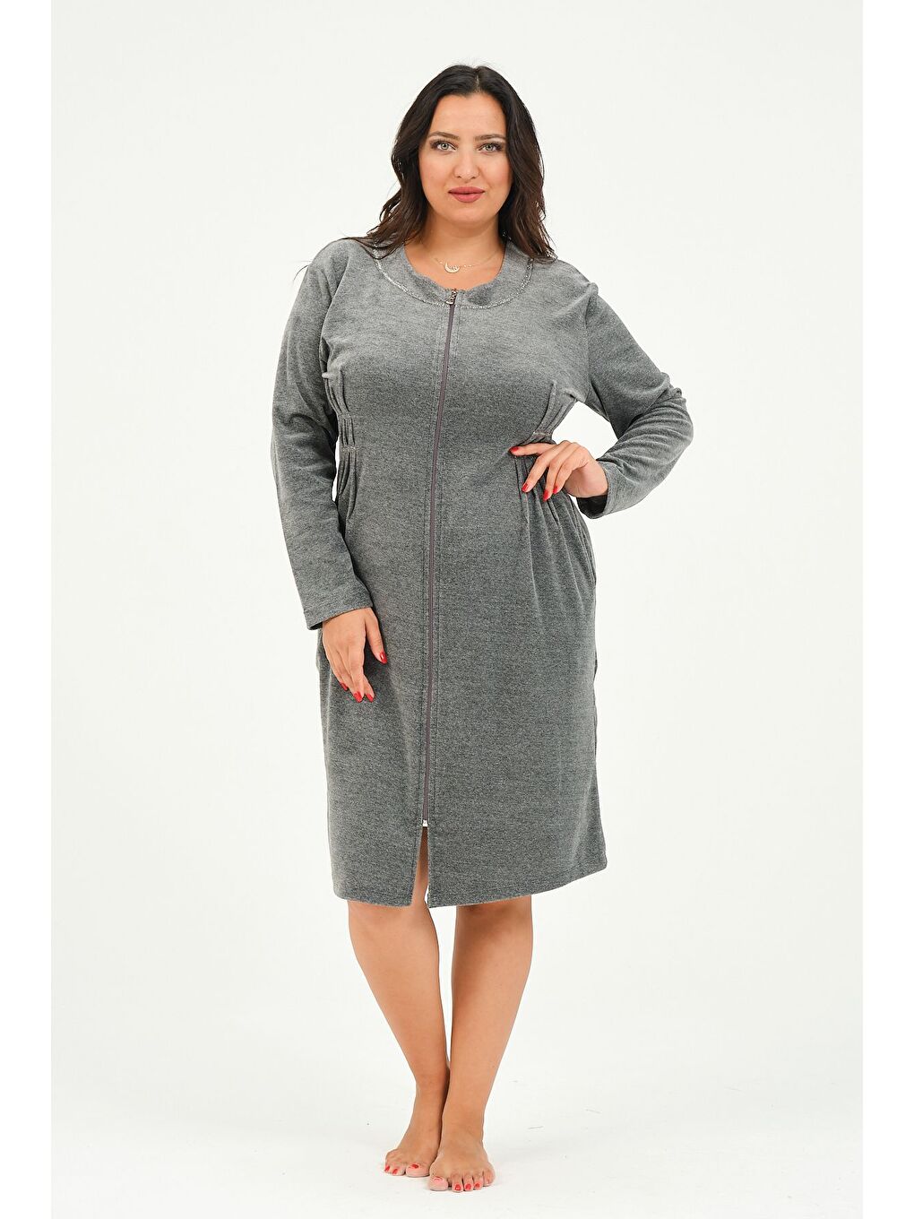 Antrasit Kadın Fermuarlı Cepli Büyük Beden Pamuklu Kadife Elbise