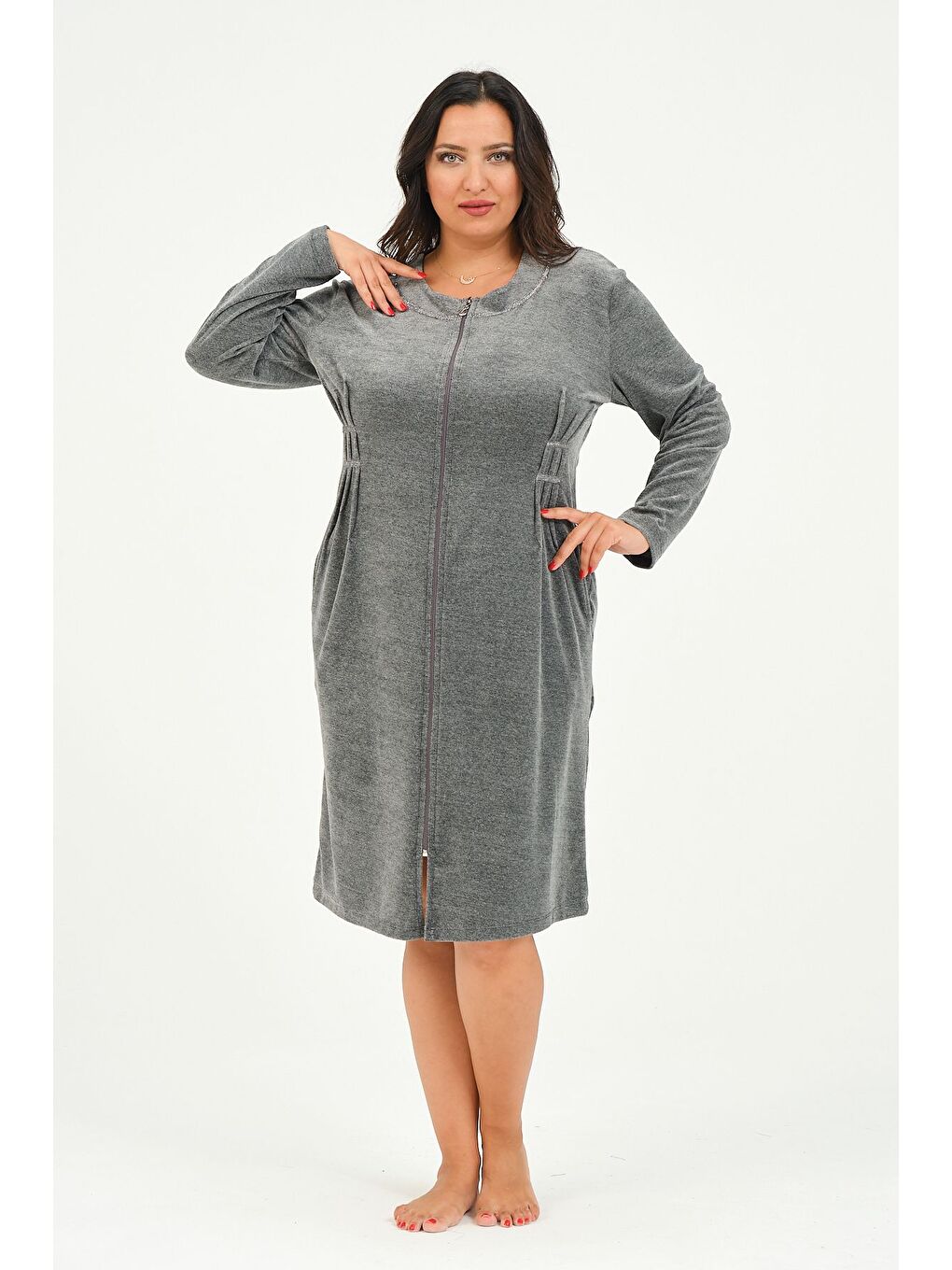 Antrasit Kadın Fermuarlı Cepli Büyük Beden Pamuklu Kadife Elbise-1