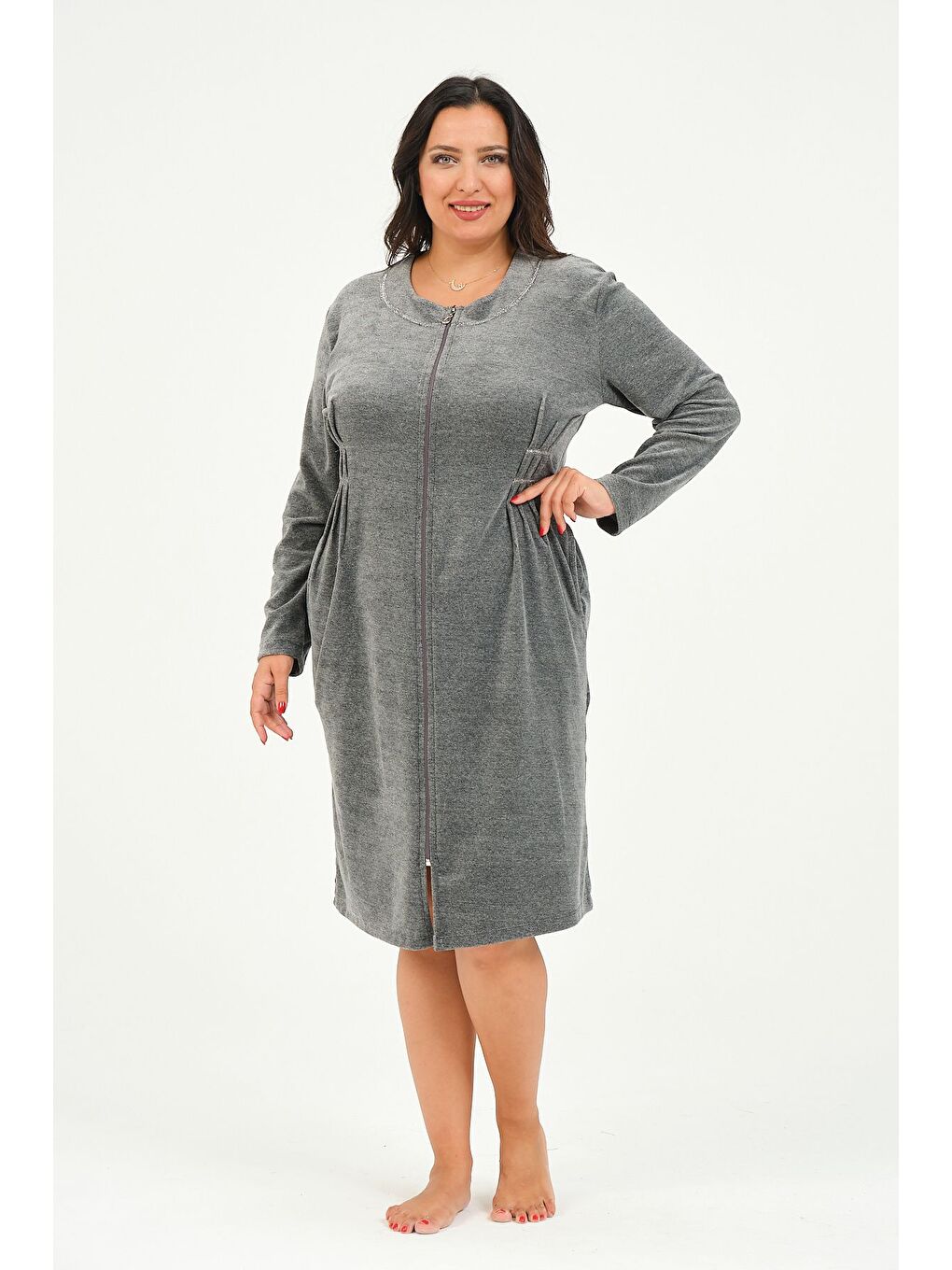 Antrasit Kadın Fermuarlı Cepli Büyük Beden Pamuklu Kadife Elbise-2