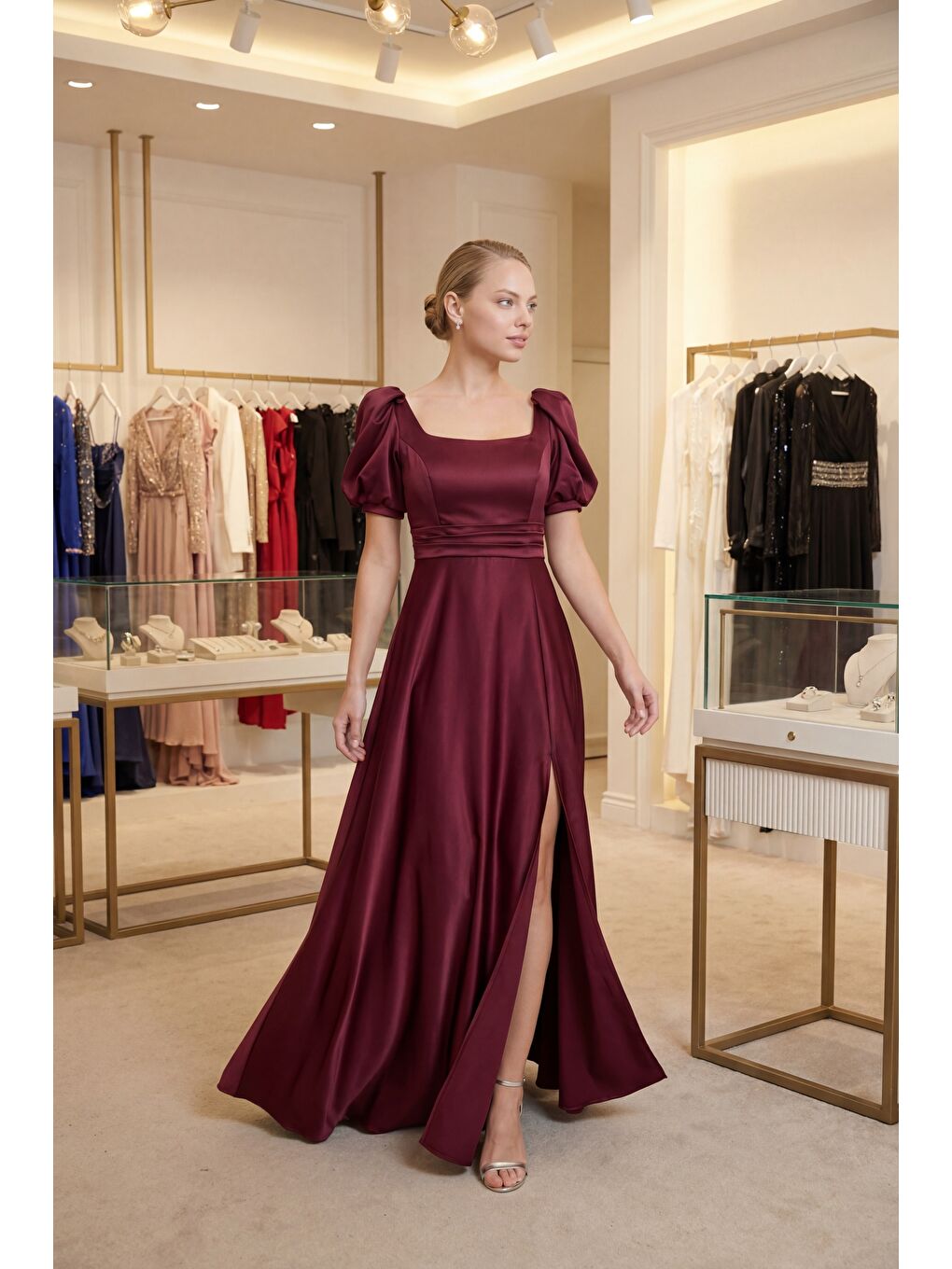 Kadın Bordo Kare Yaka Balon Kol Yırtmaçlı Söz Nişan Nikah Abiye Elbise-5