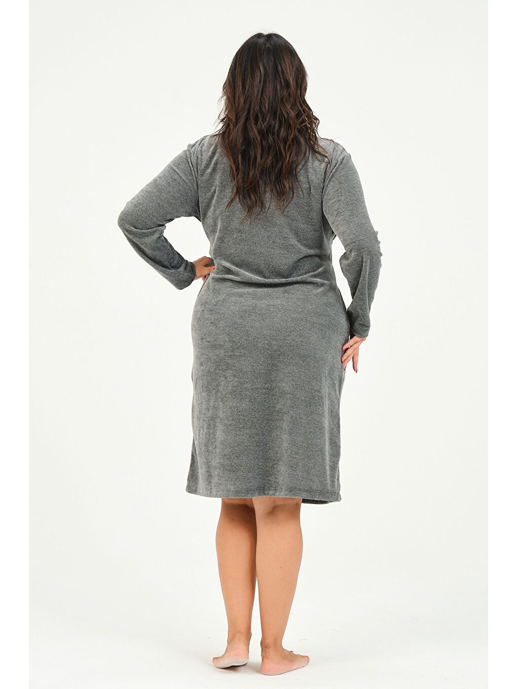 Antrasit Kadın Fermuarlı Cepli Büyük Beden Pamuklu Kadife Elbise-5