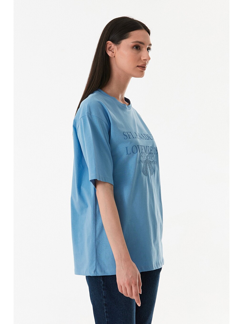Mavi Kurdele Nakışlı Oversize Tişört-2