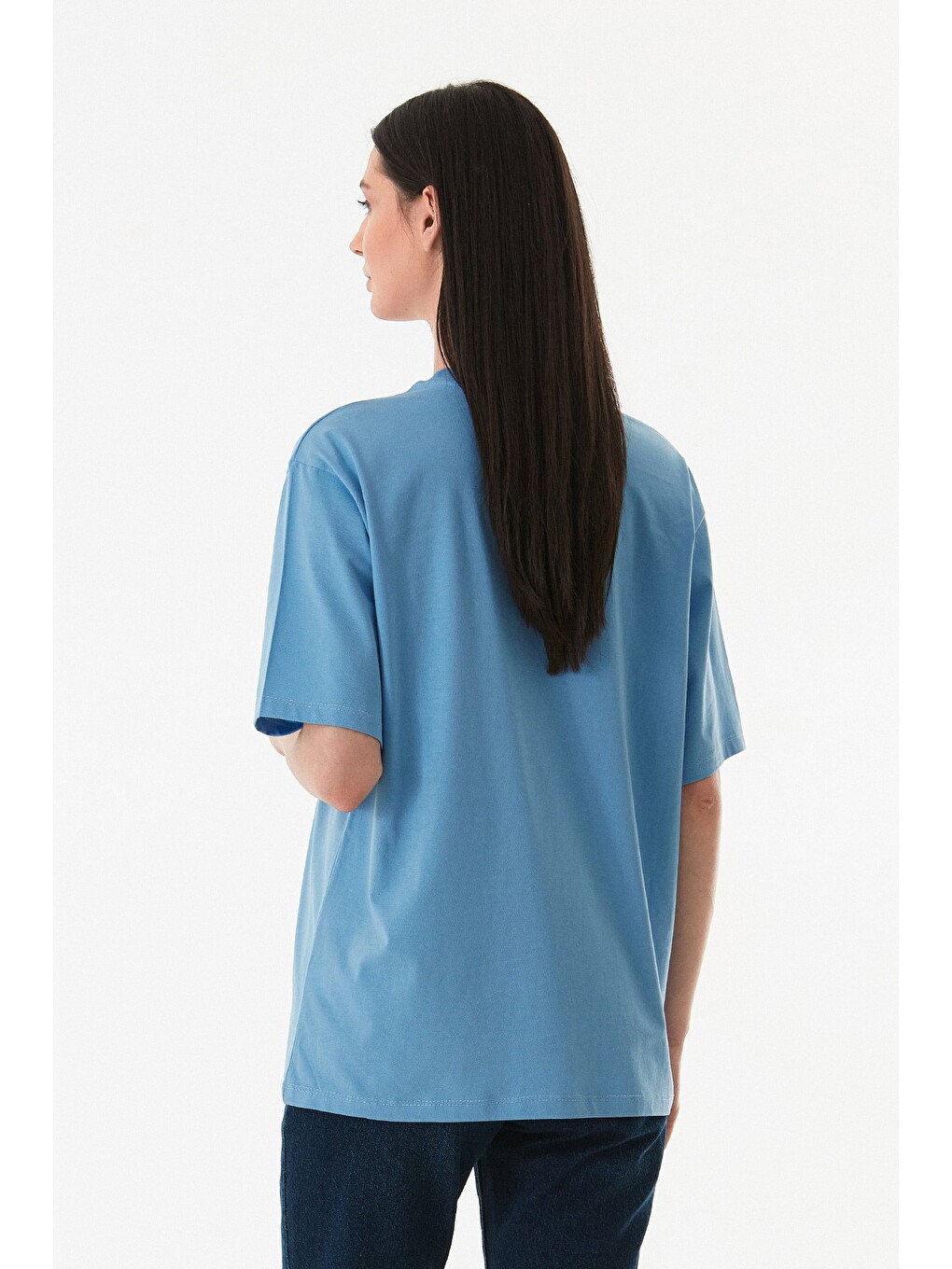 Mavi Kurdele Nakışlı Oversize Tişört-3