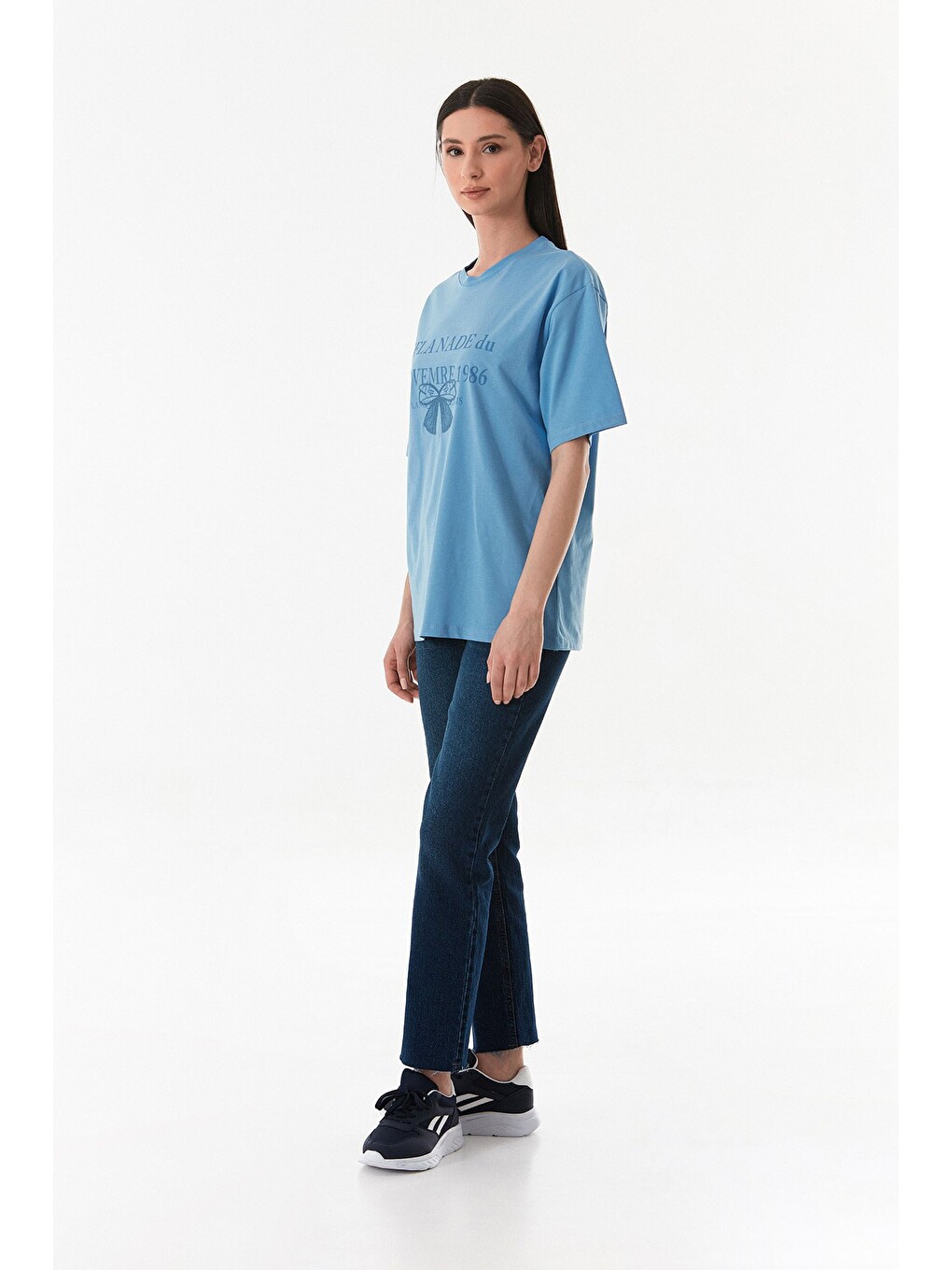 Mavi Kurdele Nakışlı Oversize Tişört-4