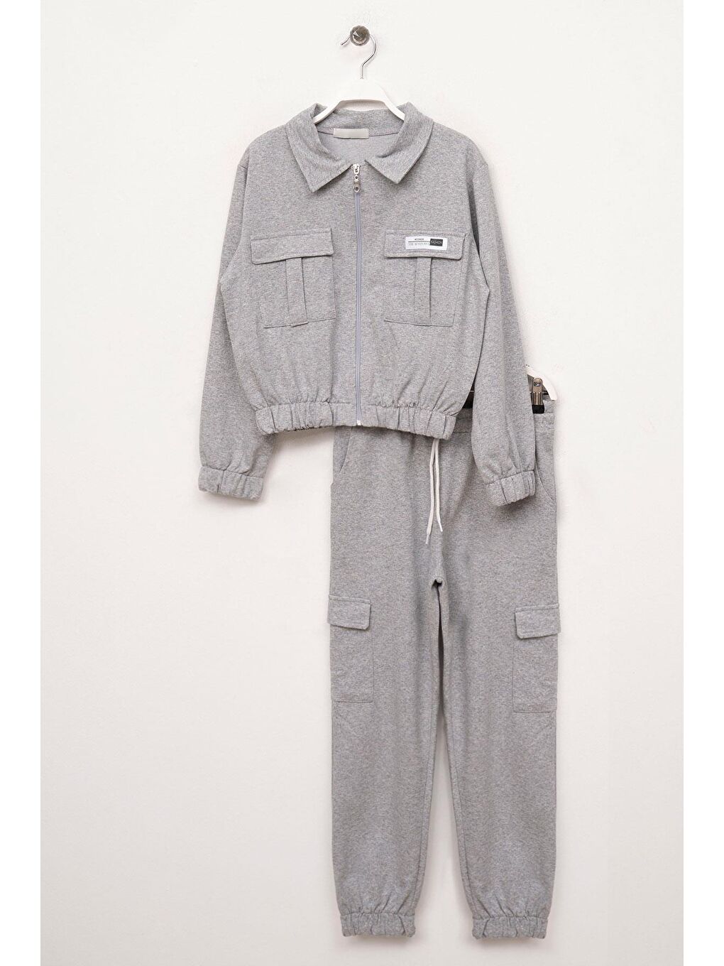 Polo Yaka Uzun Kol Kargo Cepli Paçası Lastikli Gri Renk Kız Çocuk Eşofman Takım