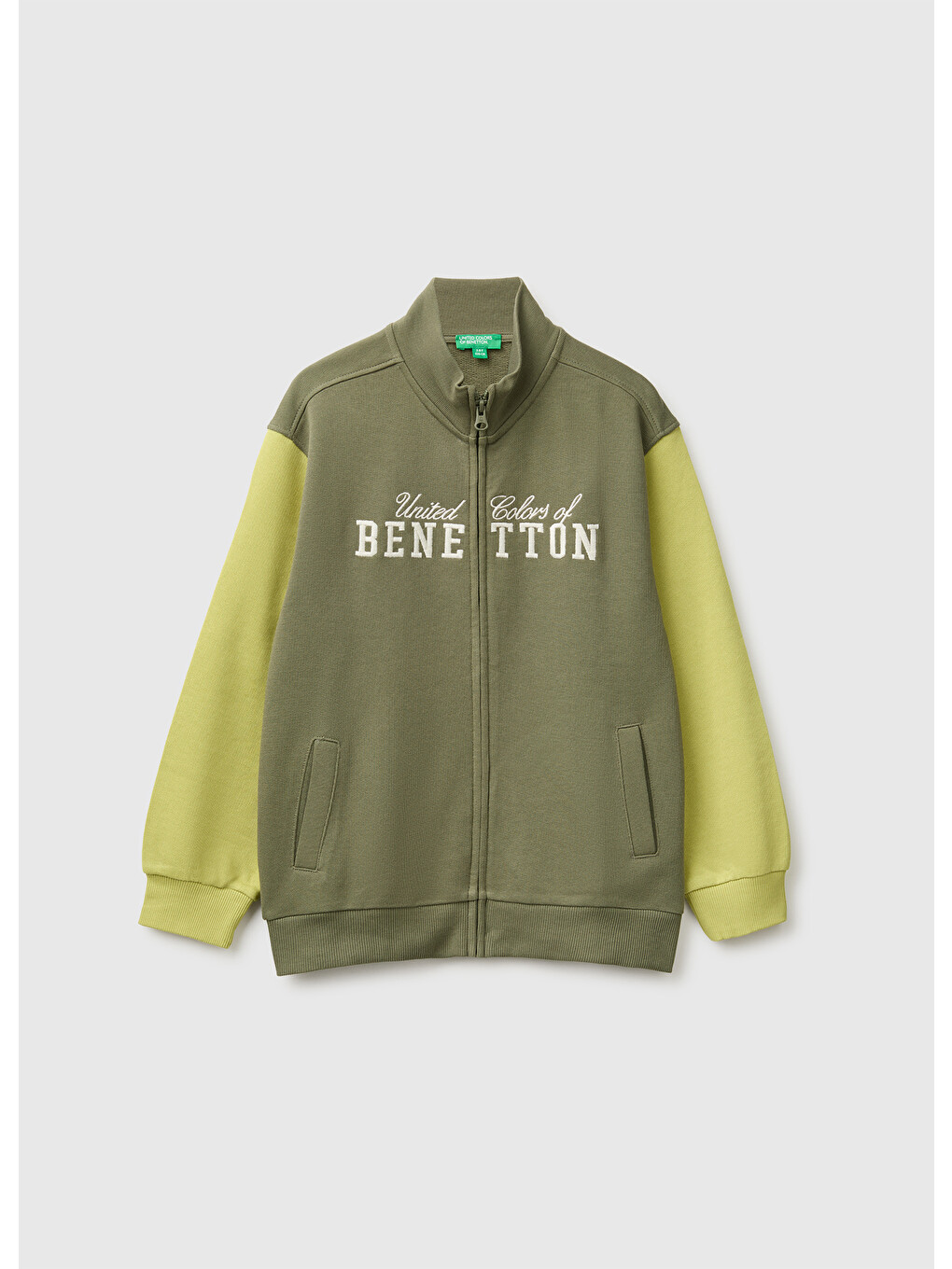 Erkek Çocuk Haki Önü İşlemeli Ribanalı Cepli Fermuarlı Dik Yaka Sweatshirt