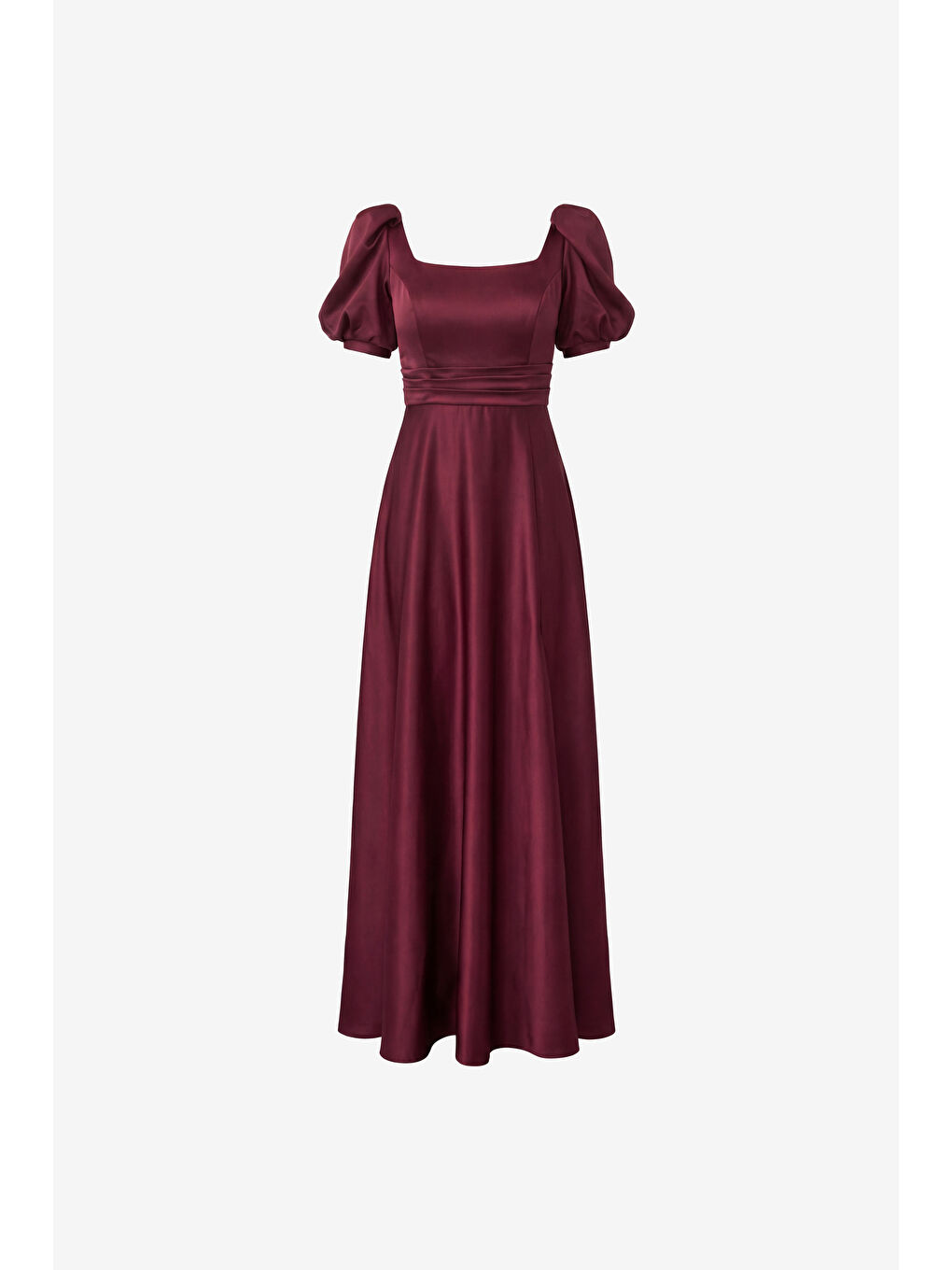 Kadın Bordo Kare Yaka Balon Kol Yırtmaçlı Söz Nişan Nikah Abiye Elbise-7