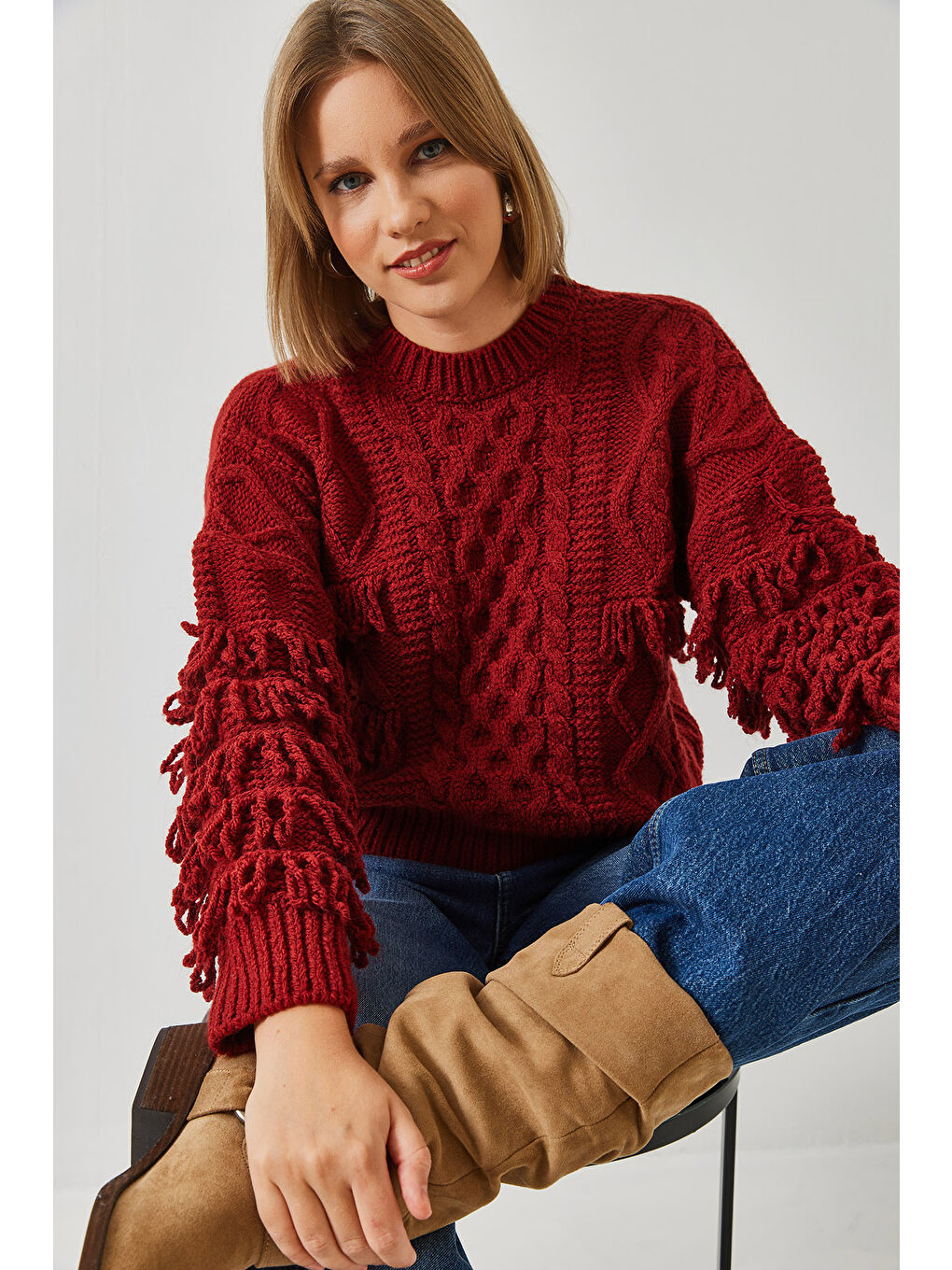 Bordo Kadın Saç Örgülü Saçaklı Triko Kazak-1