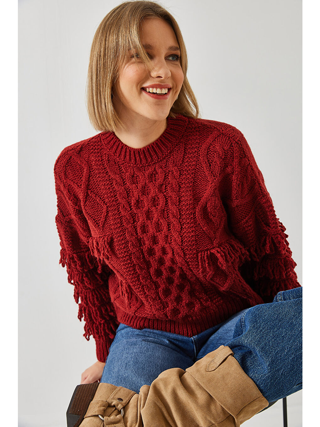 Bordo Kadın Saç Örgülü Saçaklı Triko Kazak-2