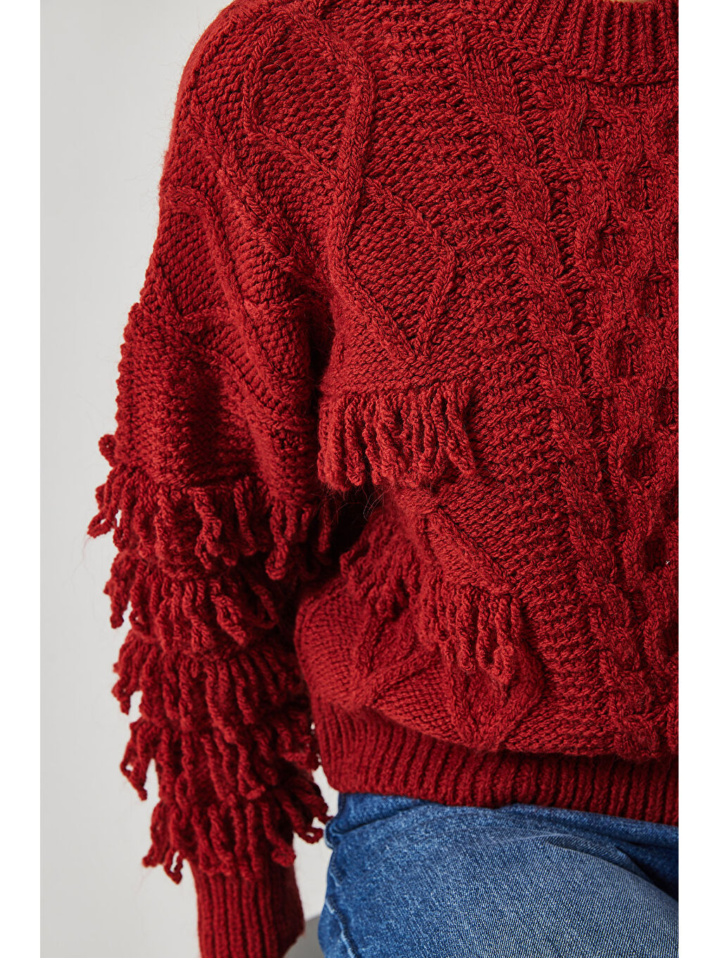 Bordo Kadın Saç Örgülü Saçaklı Triko Kazak-3