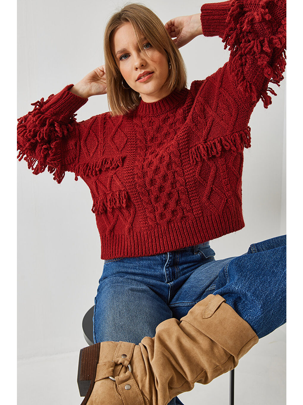 Bordo Kadın Saç Örgülü Saçaklı Triko Kazak-4