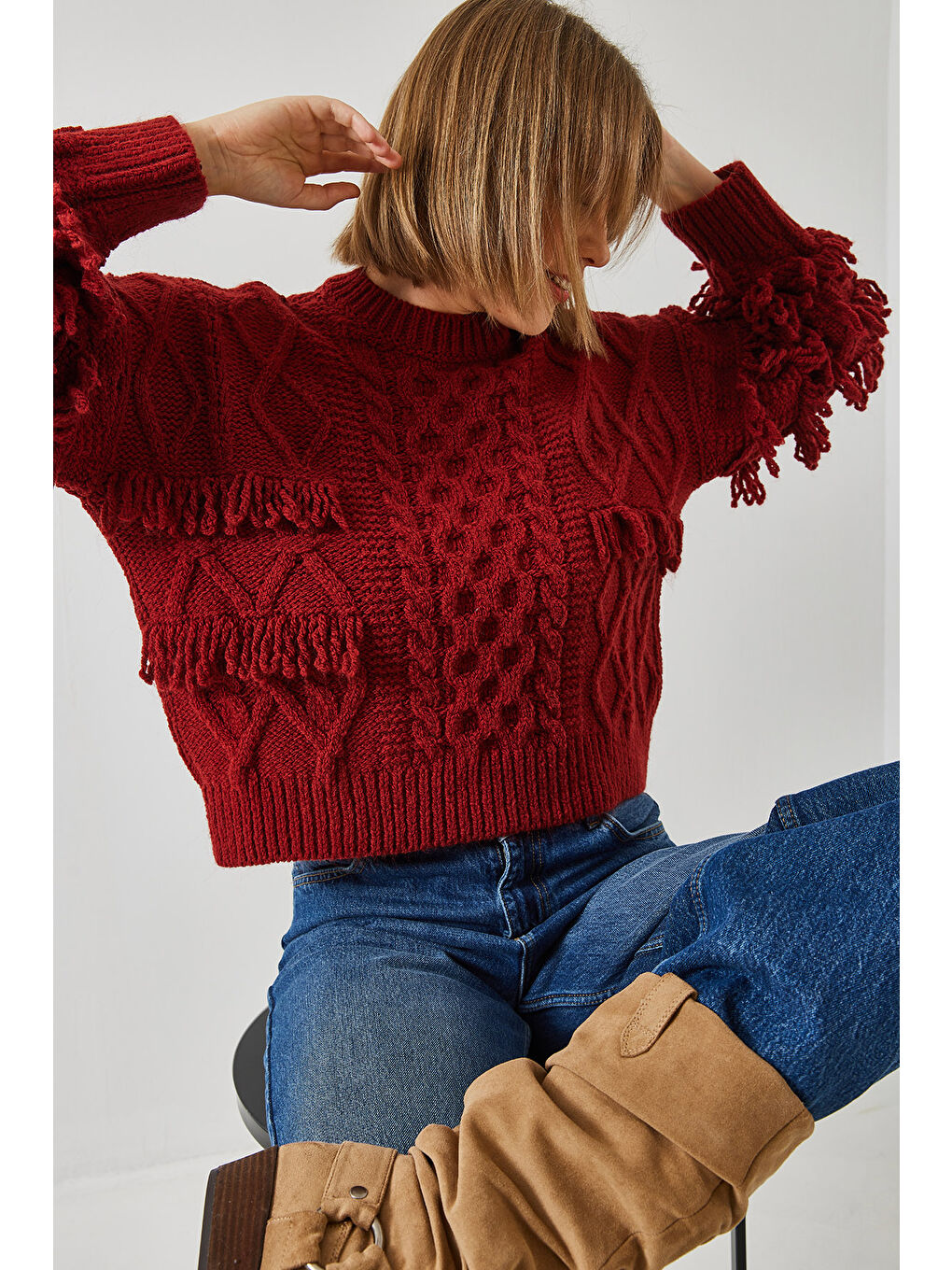 Bordo Kadın Saç Örgülü Saçaklı Triko Kazak-5