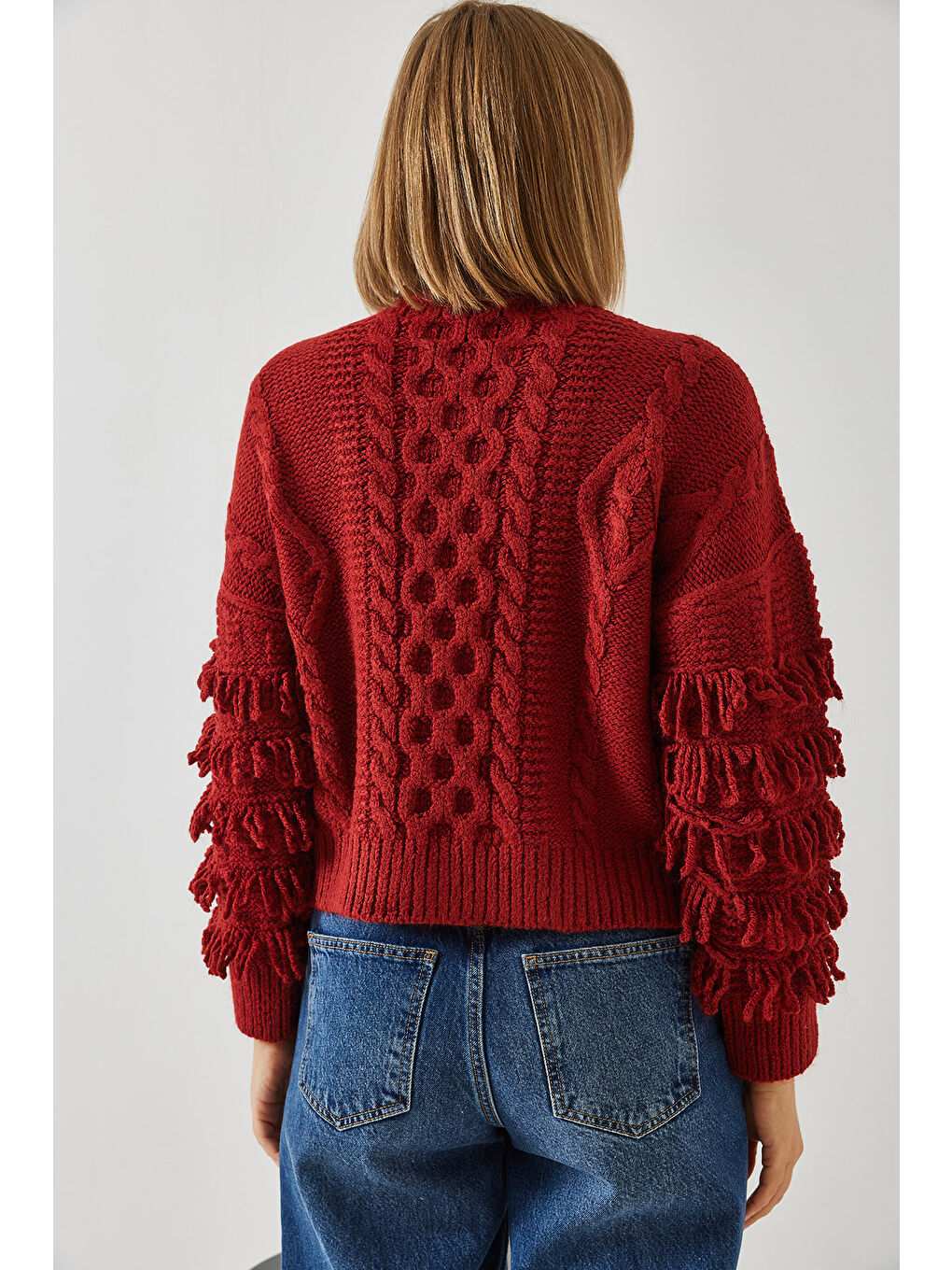 Bordo Kadın Saç Örgülü Saçaklı Triko Kazak-6