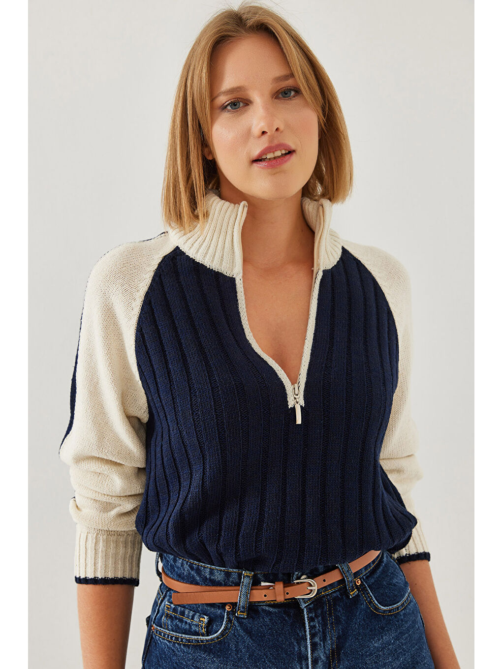 Lacivert Kadın Fermuarlı Triko Kazak