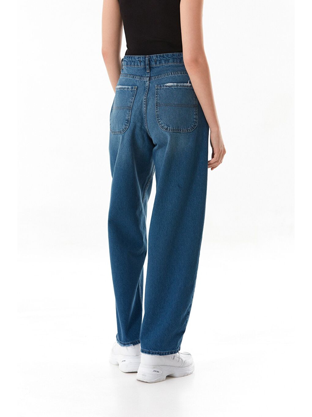 Mavi Fermuarlı Yüksek Bel Skater Jean-3